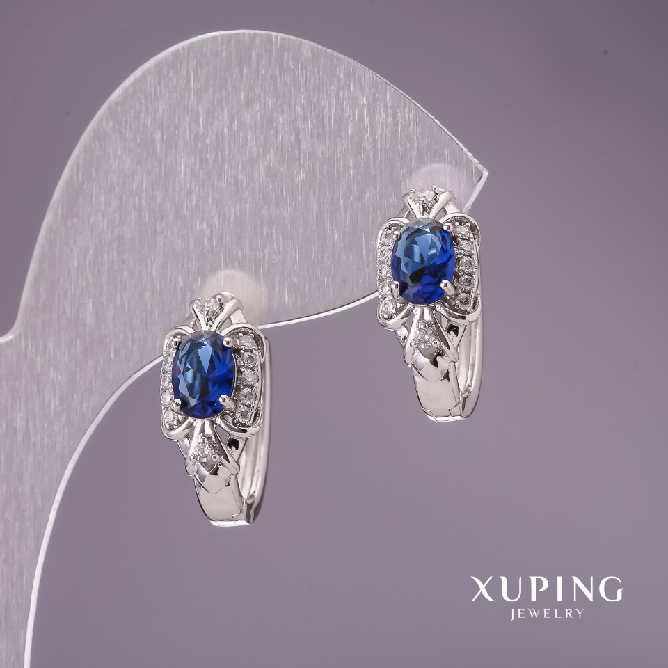 Xuping Earrings with Blue Stones 18x8 mm, Rhodium-Plated