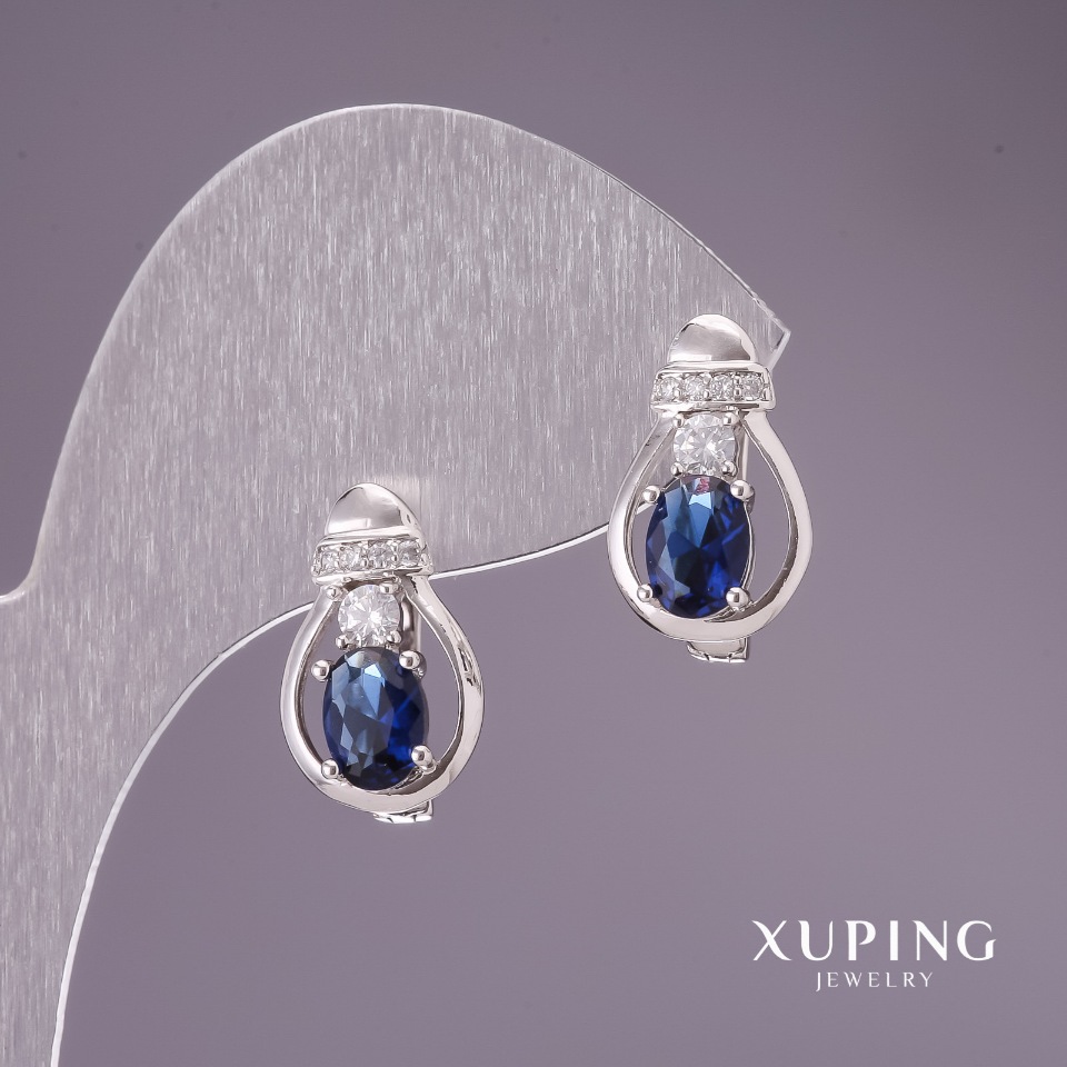 Xuping Earrings with Blue Stones 16x10mm Rhodium