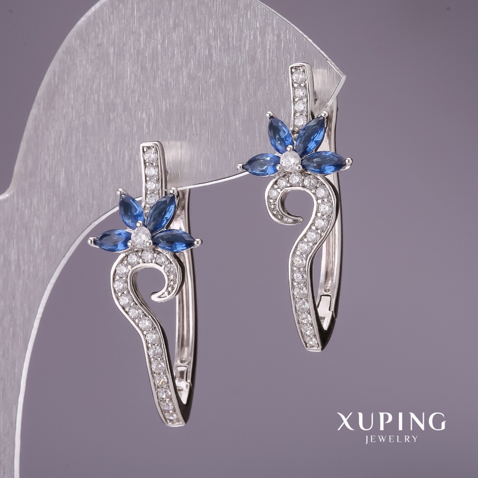 Xuping Earrings with Blue Stones 31x13mm Rhodium
