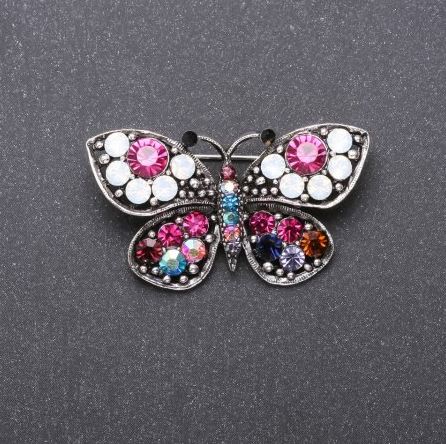Butterfly Brooch with Multicolored Rhinestones, 43x25 mm, Gray Metal