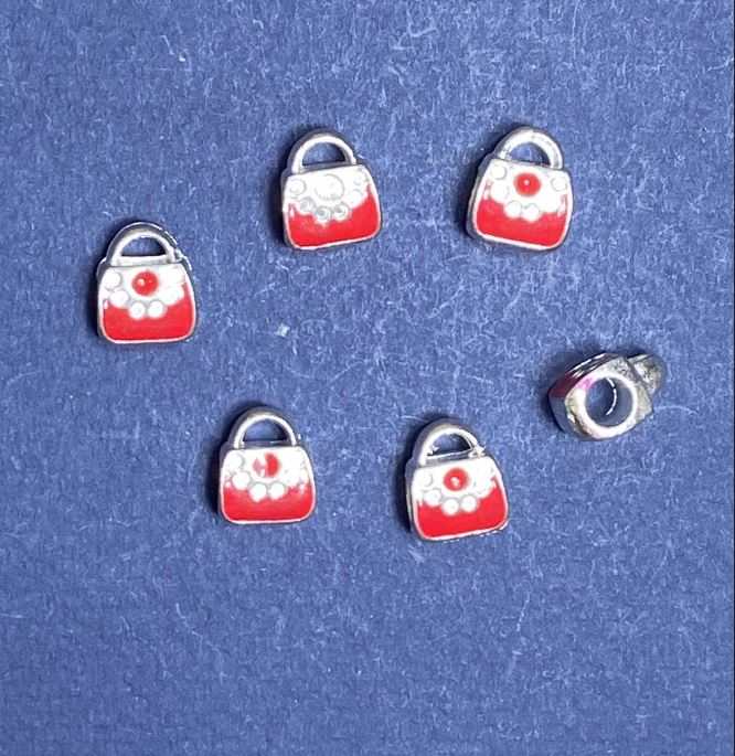 Pandora bead charm red purse, light gray metal, 10mm, faceted, 6 pcs