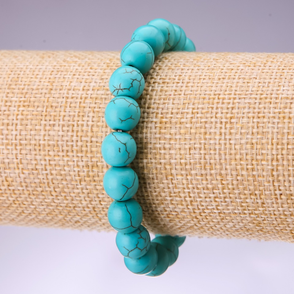 Turquoise Bracelet (Synthetic) with Veining, Smooth Beads, 10 mm Diameter (Stretch)