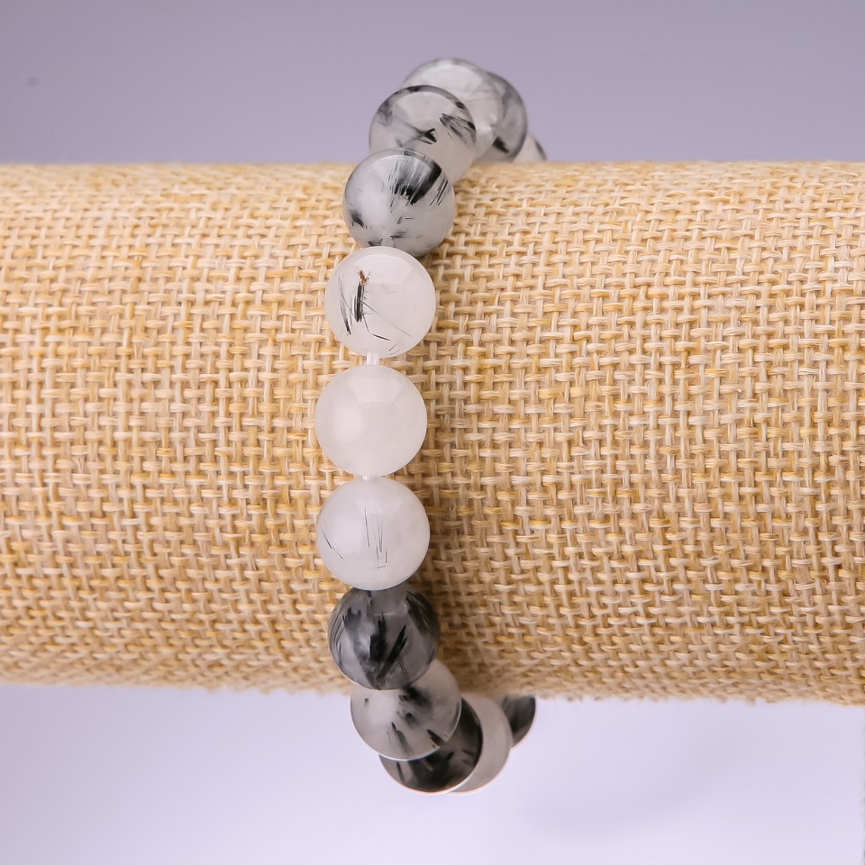 Hairy Quartz Bracelet with Smooth Beads, 10mm Diameter, 18cm Length on Elastic