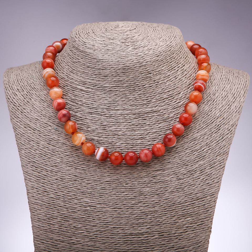 Natural carnelian gemstone necklace with smooth beads, 10 mm diameter, 45 cm length