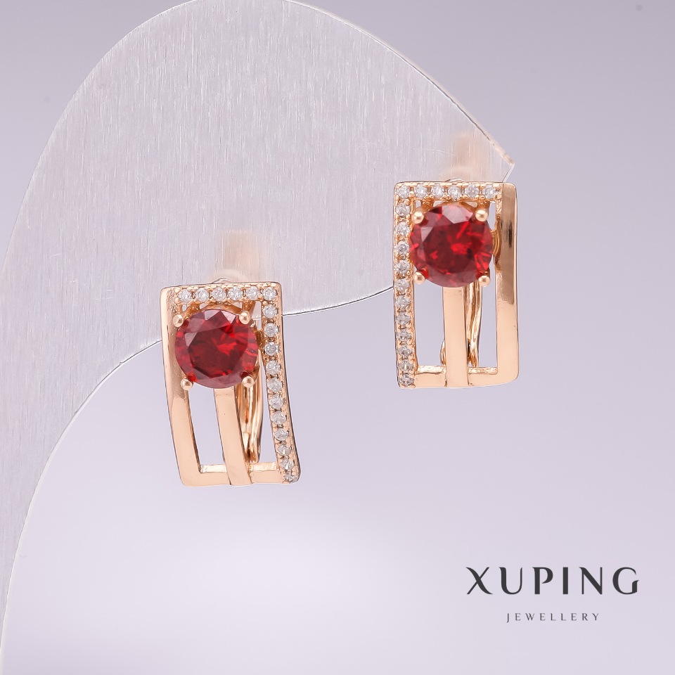 Xuping Earrings with 18K Gold Plating, Red Stone and White Crystals, 16x9 mm