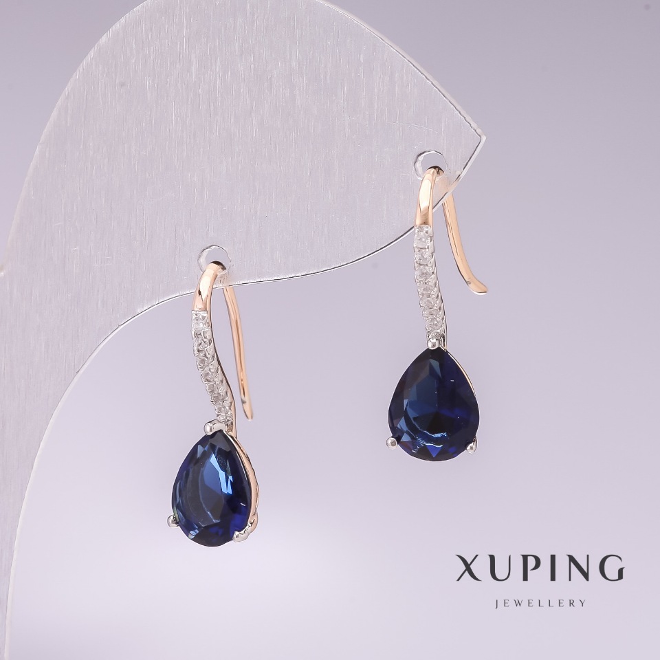Xuping Earrings with 18k Gold Plating, Rhodium, with Blue Stones and White Crystals, 21x7mm