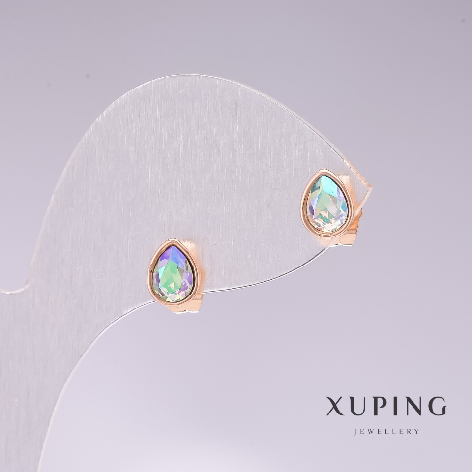Xuping drop-shaped stud earrings with blue stone 'Gasoline' 18K gold plated 18×7 mm