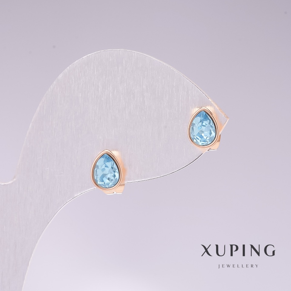 Xuping Teardrop Blue Stone Stud Earrings, 18K Gold Plating, 18x7 mm