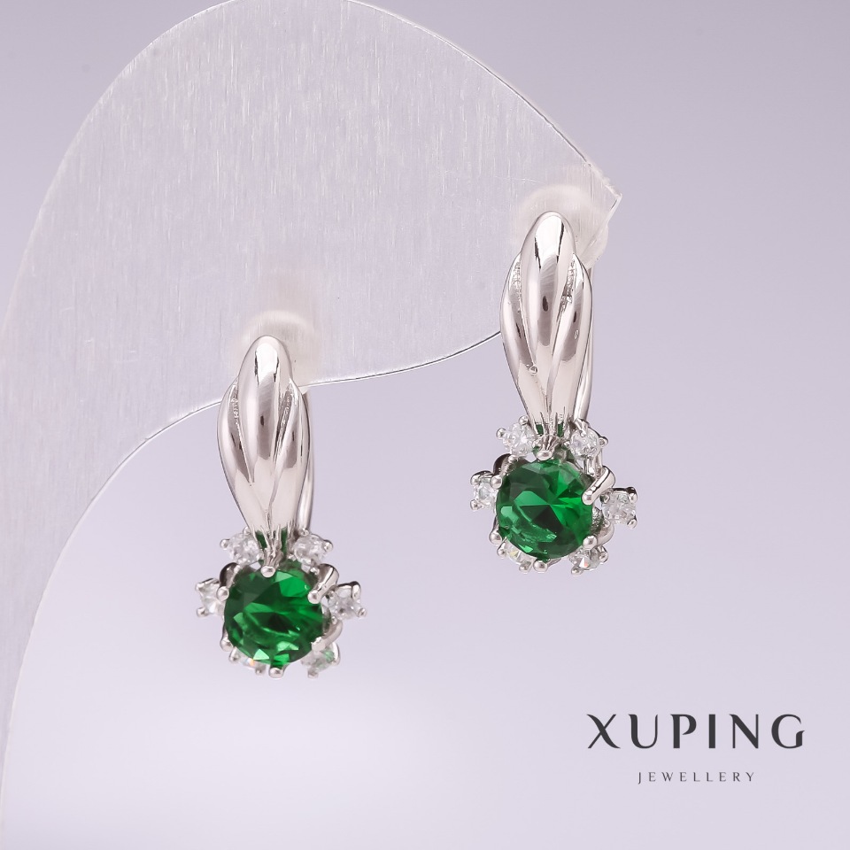 Xuping Rhodium-Plated Earrings with Green Stones 21x10mm