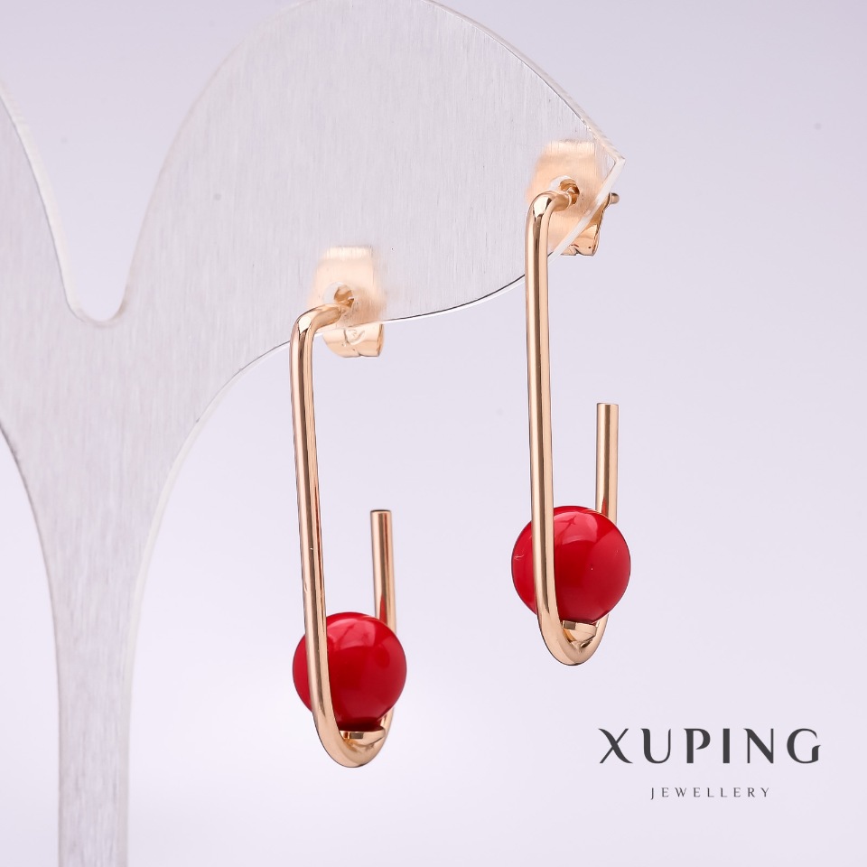 Xuping Earrings with Red Majorca Pearl 34x8 mm Gold Plated