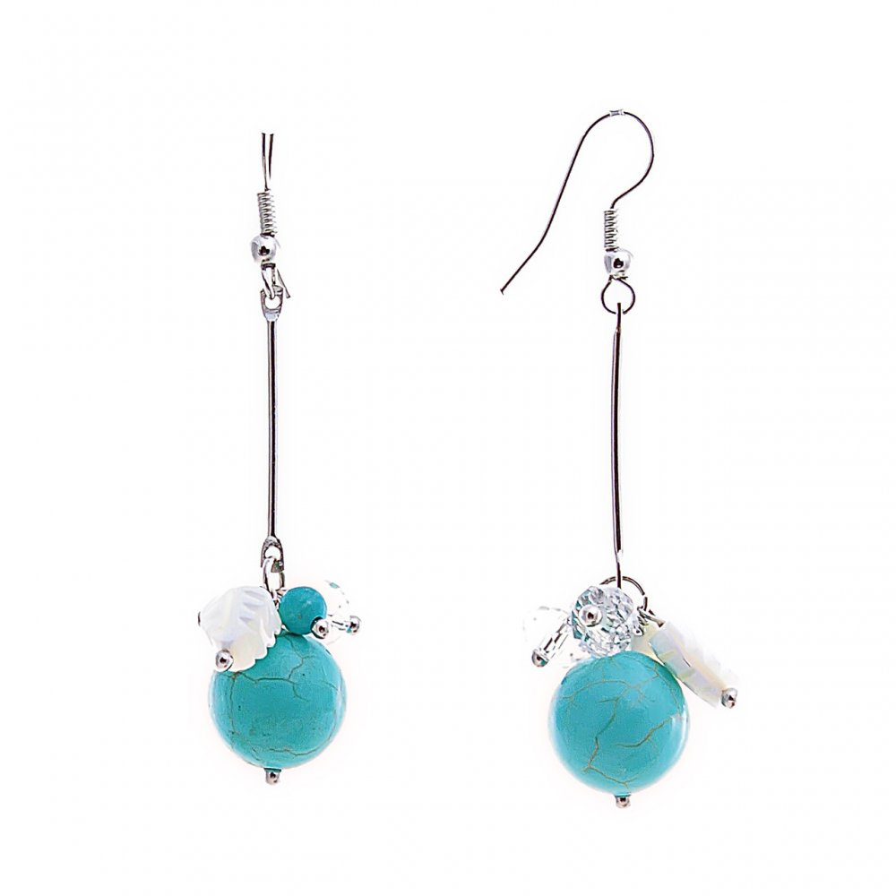 Dangling Earrings with Turquoise (Pressed) and Colored Beads on Wire, Silver-Plated Metal, 55mm