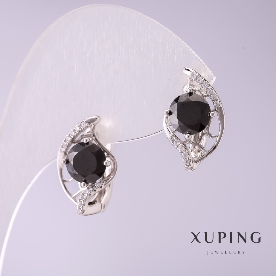 Xuping Earrings with Black Stones 17x10mm Rhodium