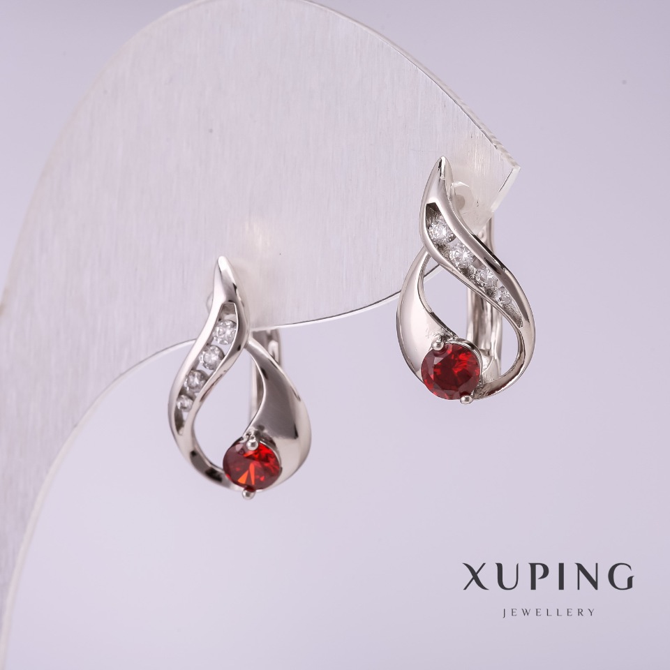 Xuping Earrings with Red Stones 17x10mm Rhodium