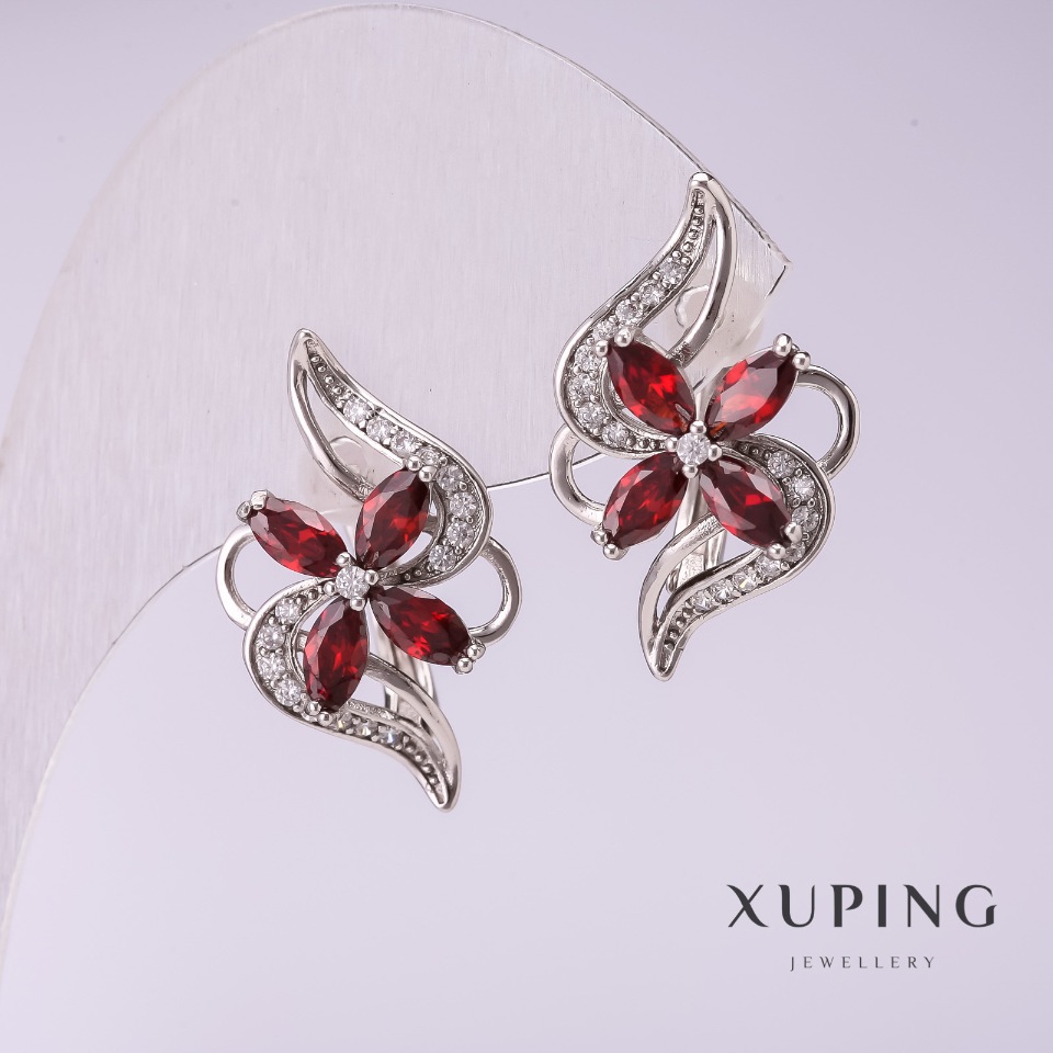 Xuping Earrings with Red Stones, 10x24 mm Rhodium