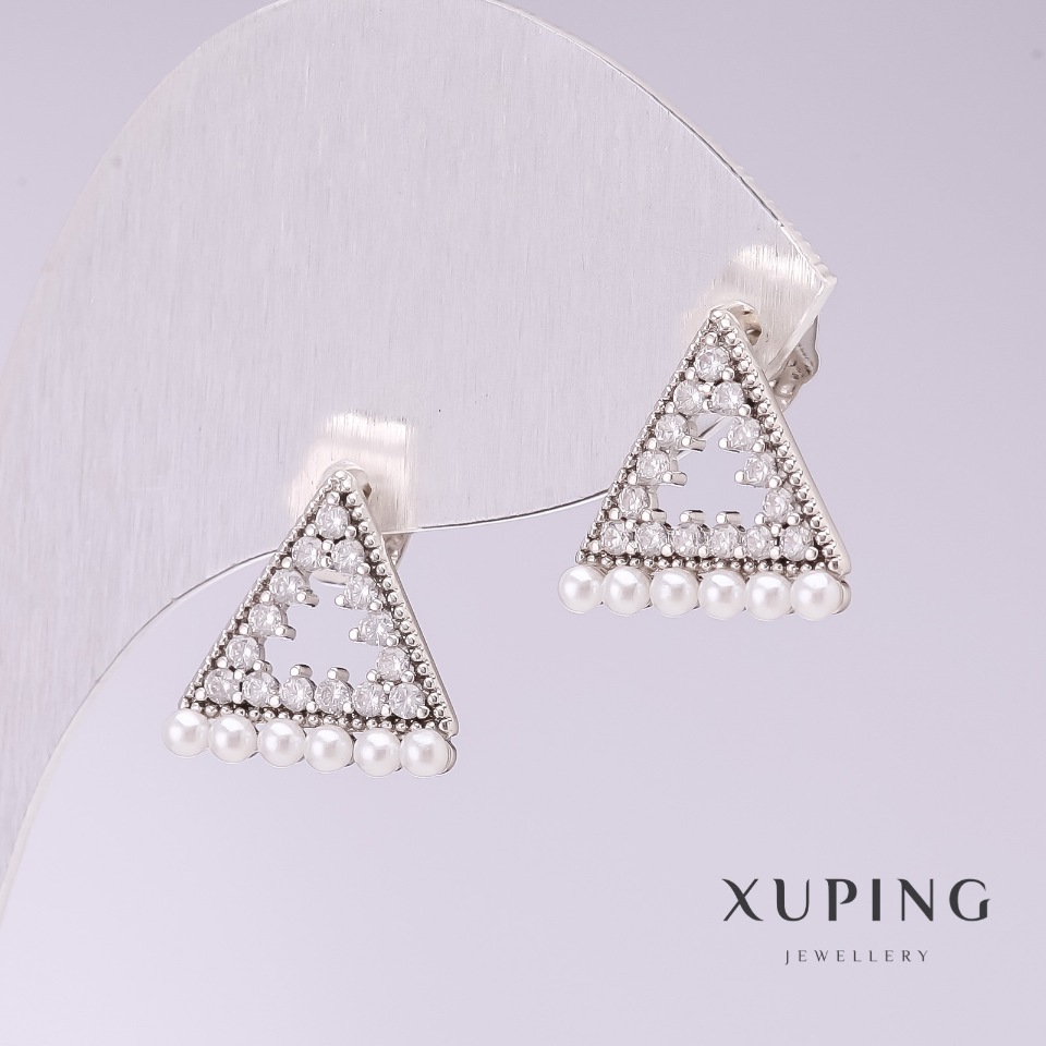 Xuping Earrings Triangles with White Mallorca Pearls 13x13 mm Rhodium-plated