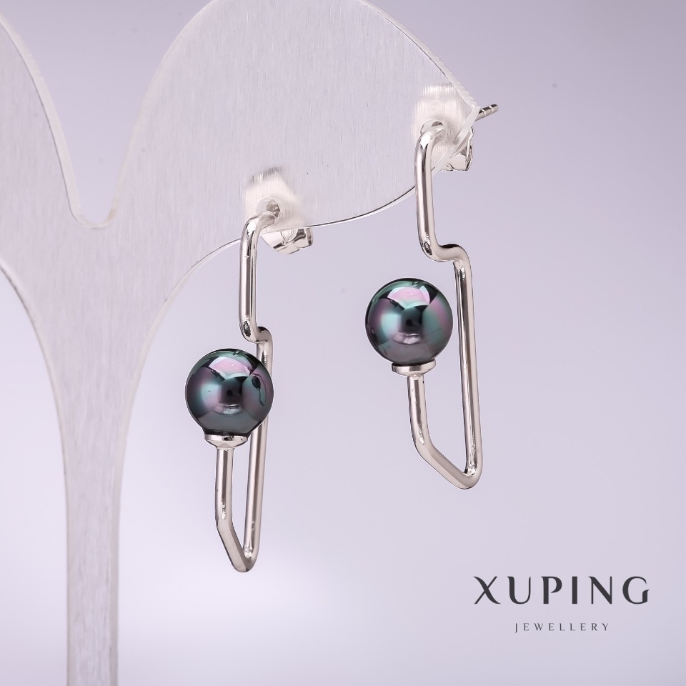 Xuping Earrings with Black Mallorca Pearls 34x8 mm Rhodium-plated