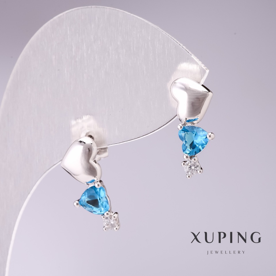 Earrings Xuping Heart Garland with Blue Stones 17x7mm Rhodium