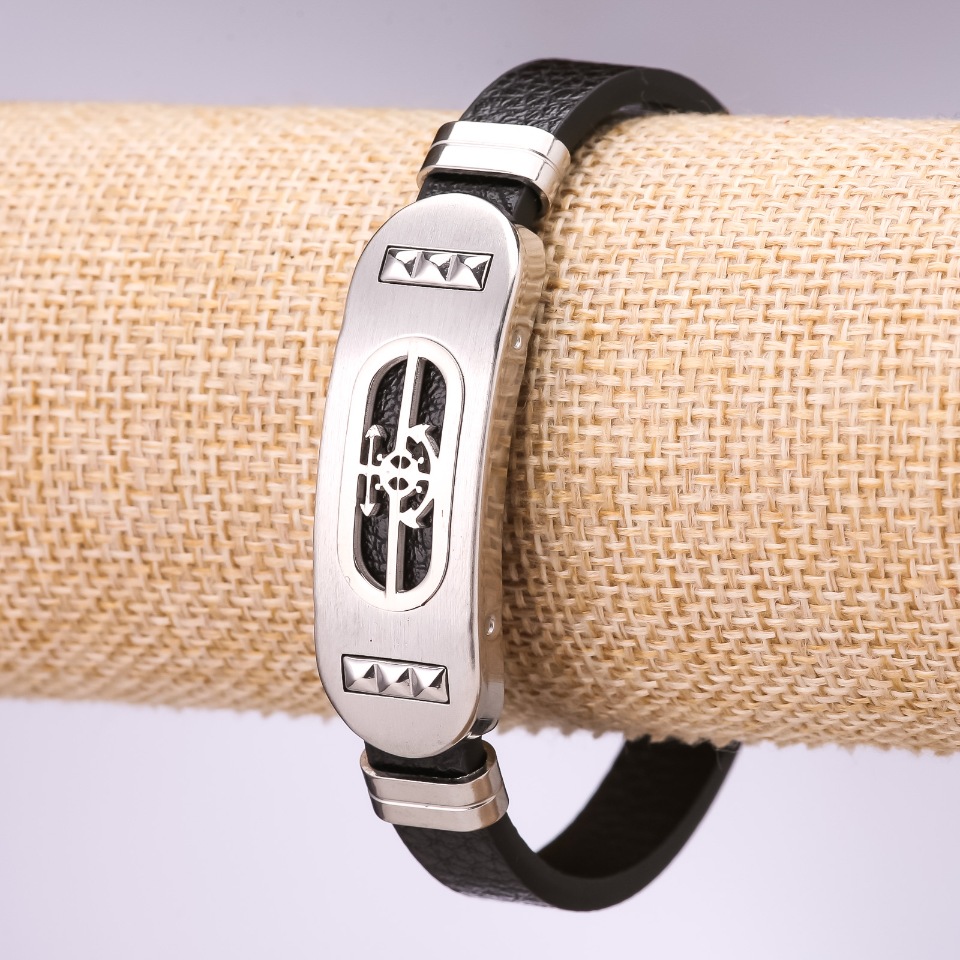 Eco-leather Bracelet with Anchor, length 20 cm, thickness 10 mm, color 'Rhodium'