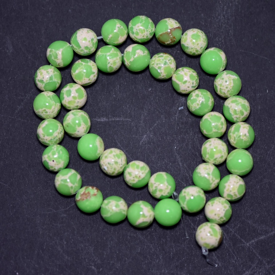 Synthetic variscite beads, lime green, smooth round beads on a strand, 10 mm diameter, 38 cm length (±)