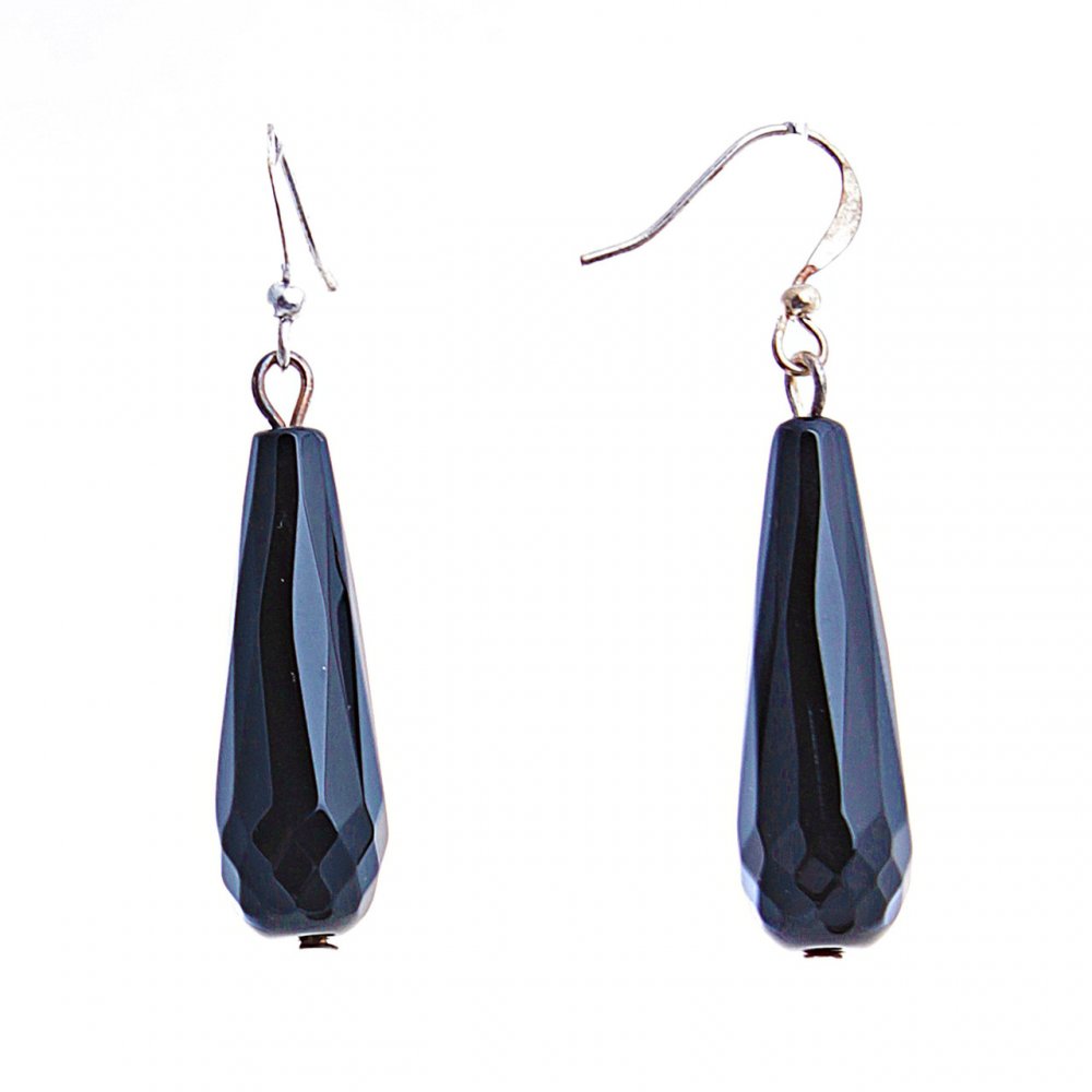 Drop earrings with black faceted stones in an elongated shape, silver-plated metal, 50 mm