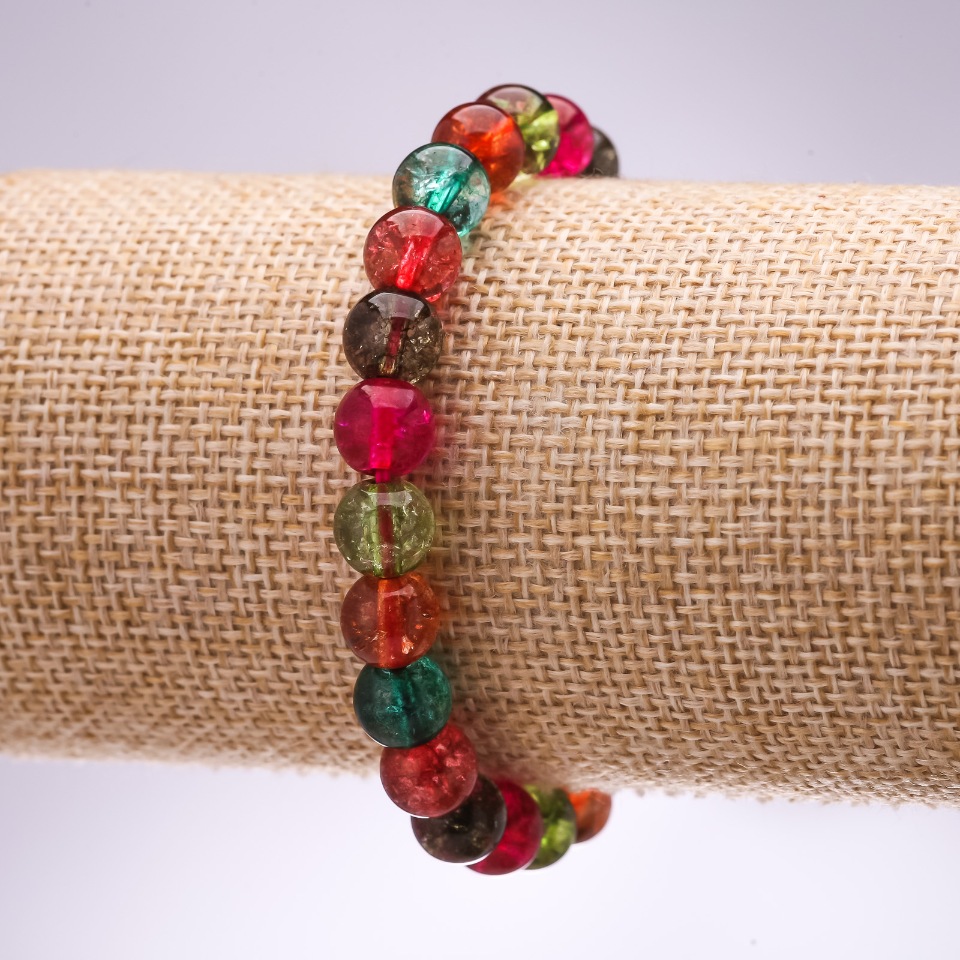Bracelet with multicolored glass, smooth beads, 8 mm diameter, 18 cm length on an elastic cord