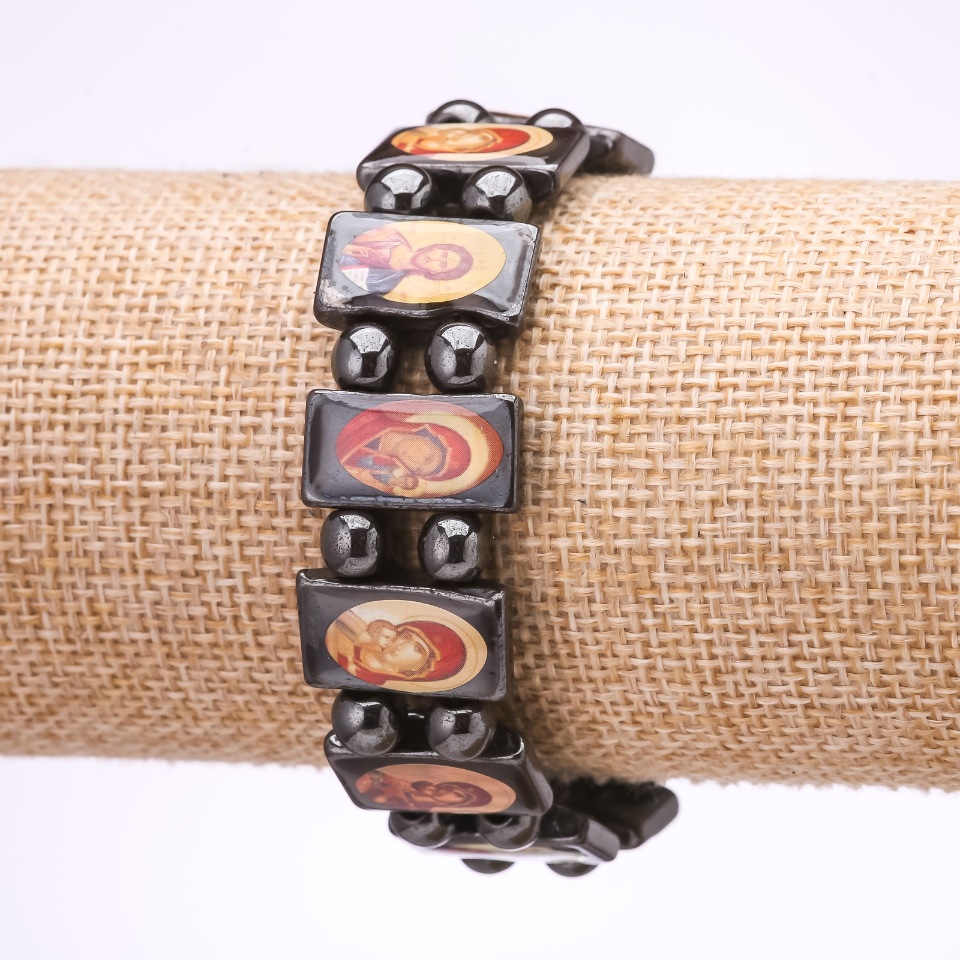Discounted hematite bracelet with icons 'Virgin Mary and the Savior' on elastic band 18x10mm links (with defect)