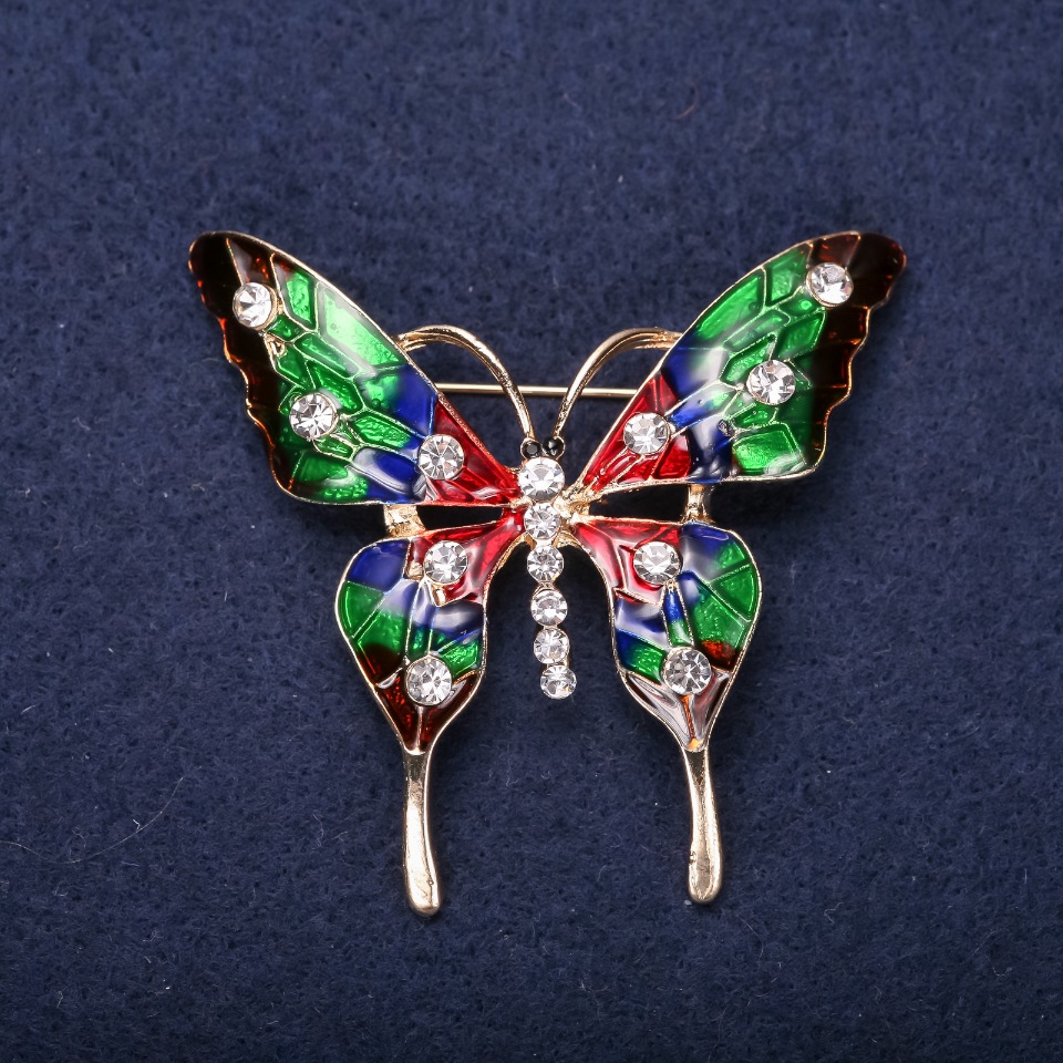 Butterfly Brooch with White Crystals and Red, Green, Burgundy Enamel, 49x53 mm Yellow Metal