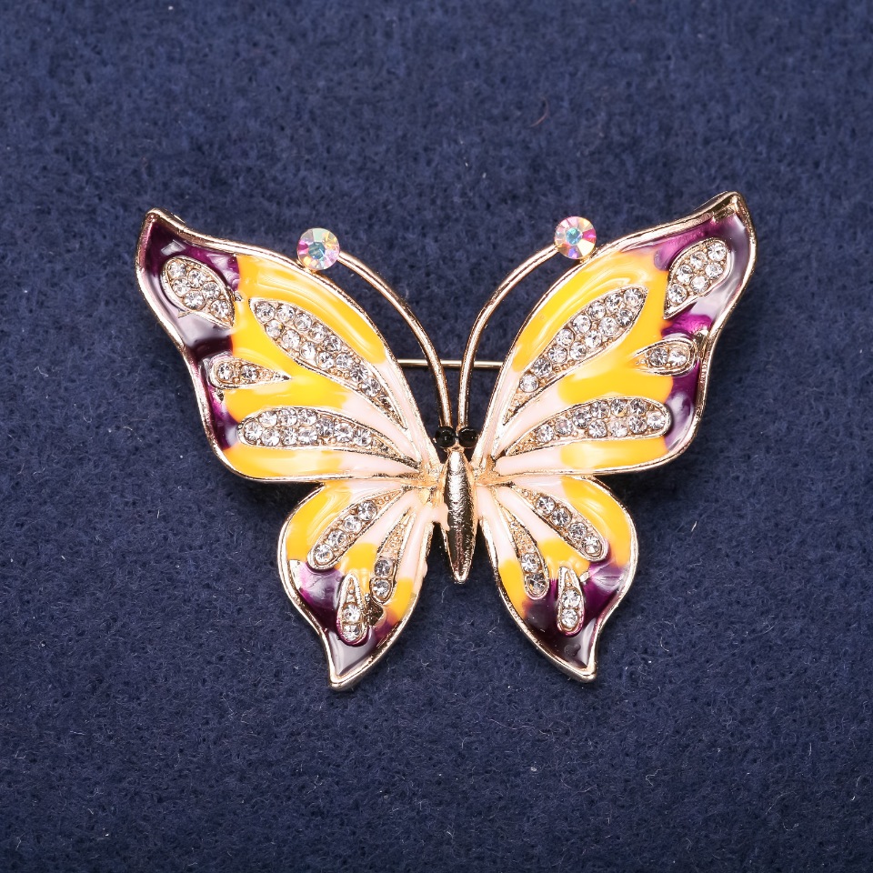 Butterfly Brooch with White Crystals, Purple and Yellow Enamel, 42x56 mm, Yellow Metal