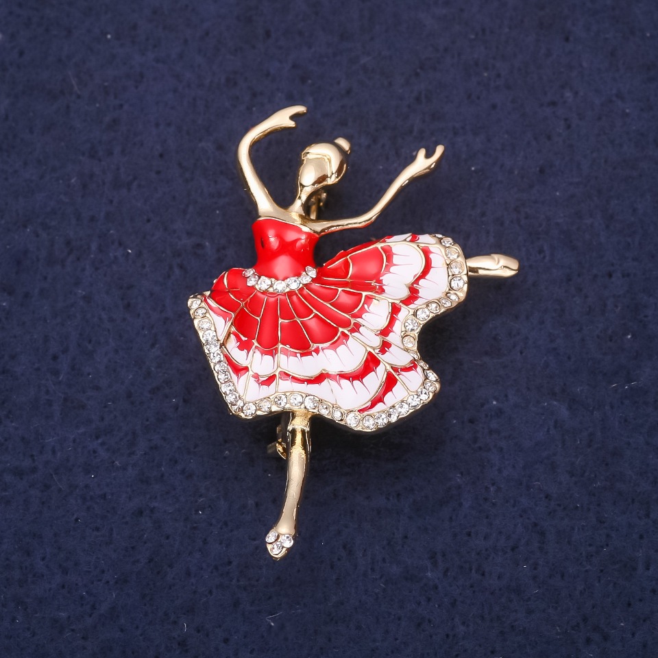 Brooch Ballerina red enamel 50x34mm yellow metal