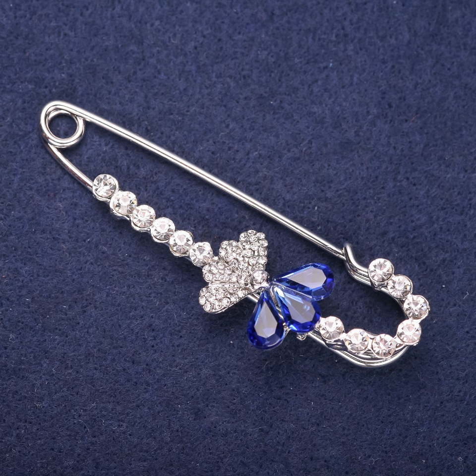 Brooch Pin 'Flower Fan' with White Crystals and Blue Stones, 70x25 mm, Silver Metal