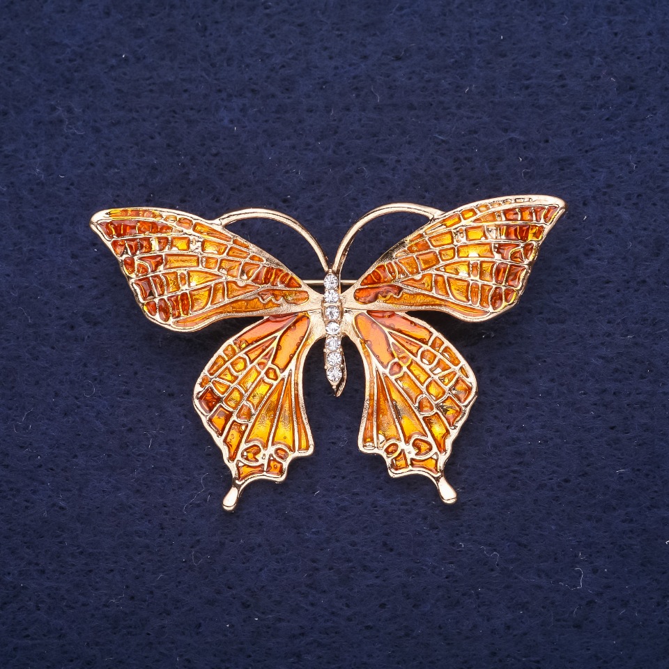 Butterfly Brooch with White Crystals and Enamel, Gold-Tone Metal, 49×32 mm