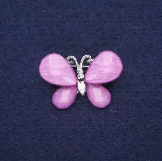 Miniature butterfly-shaped brooch, lilac color, 27×20 mm, silver-tone metal