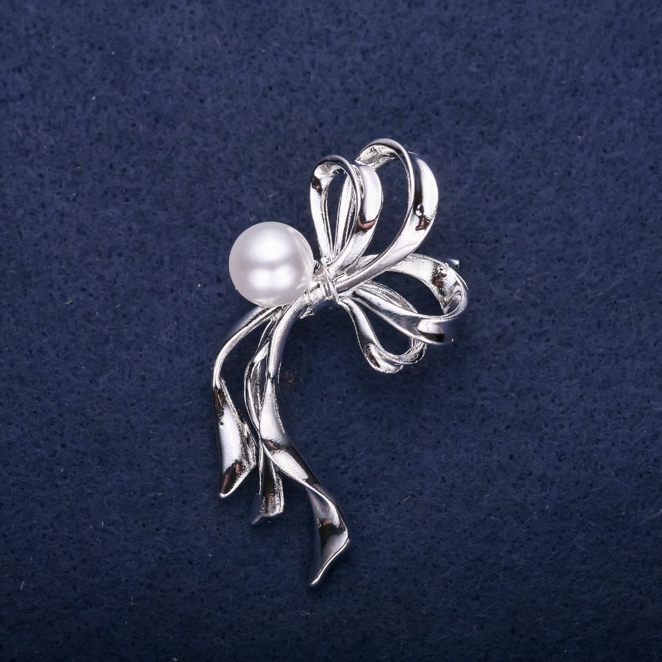 Clearance Bow Brooch with Pearl Bead, White, 50×30 mm, Silver-Toned Metal