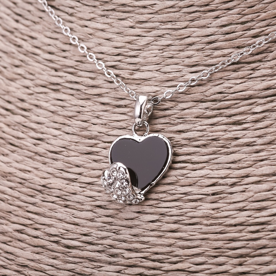 Heart Pendant on Chain with Crystals, black and white insert, 13x17 mm diameter, chain length 45-50 cm, silver-toned metal