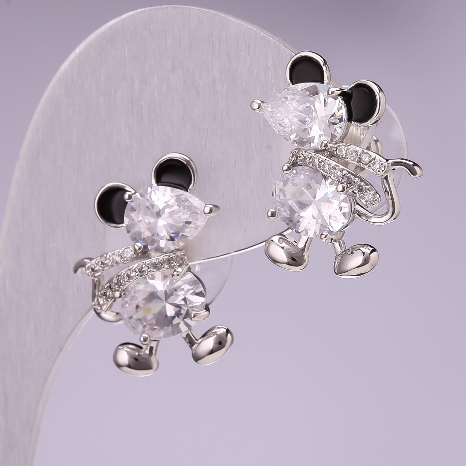 Earrings 'Mice' with White Crystals, Silver-Colored Metal 20x14 mm