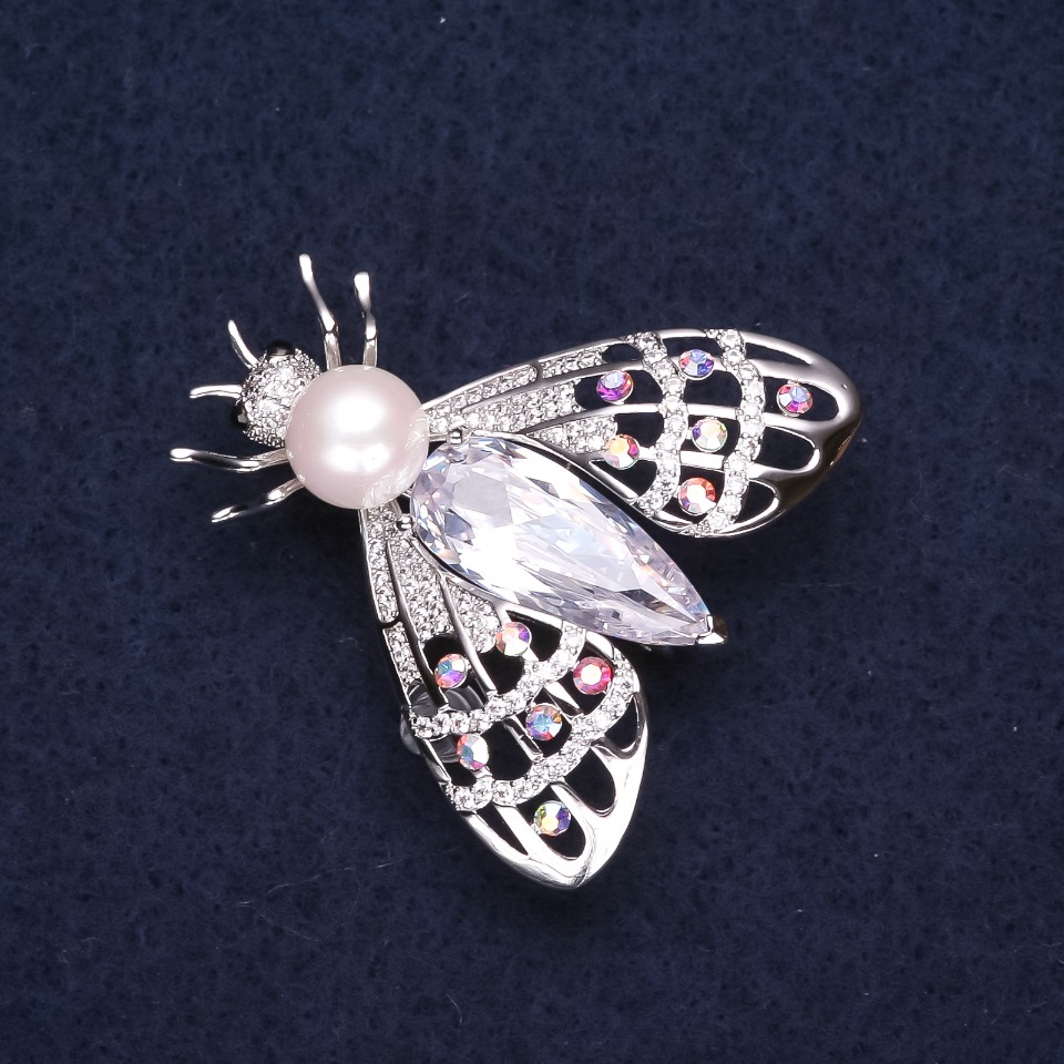 Butterfly Brooch, silver-toned metal with a bead, rhinestones and a crystal, 34x35mm +
