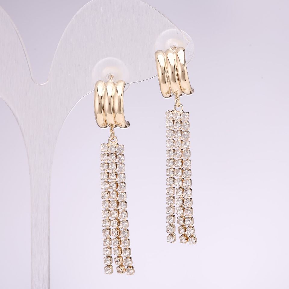 Earrings with pendants, 925 Series, with crystals, white color, 10x50 mm, gold-tone metal