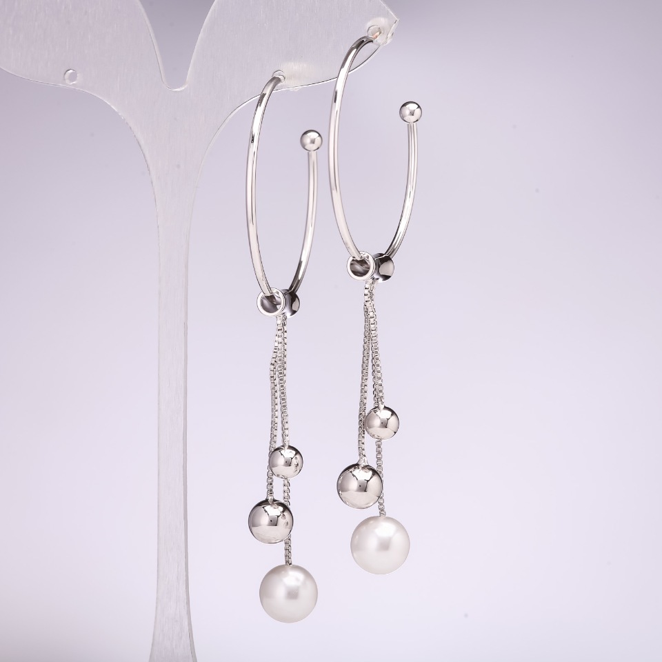 Hoop earrings with pendants, 925 sterling silver, white beads, 95×2 mm, silver-tone metal