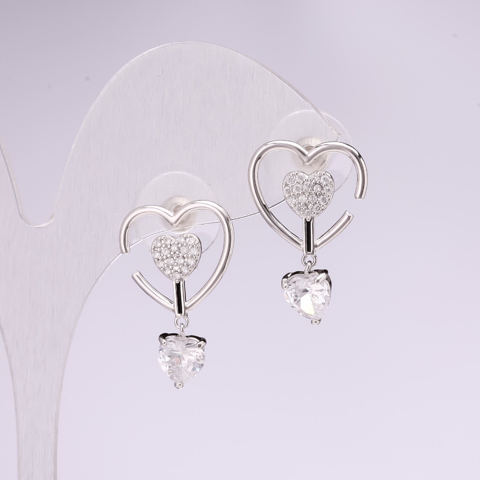 Heart-shaped Stud Earrings, 925 Silver, White Crystals, 23x15 mm, Silver Metal