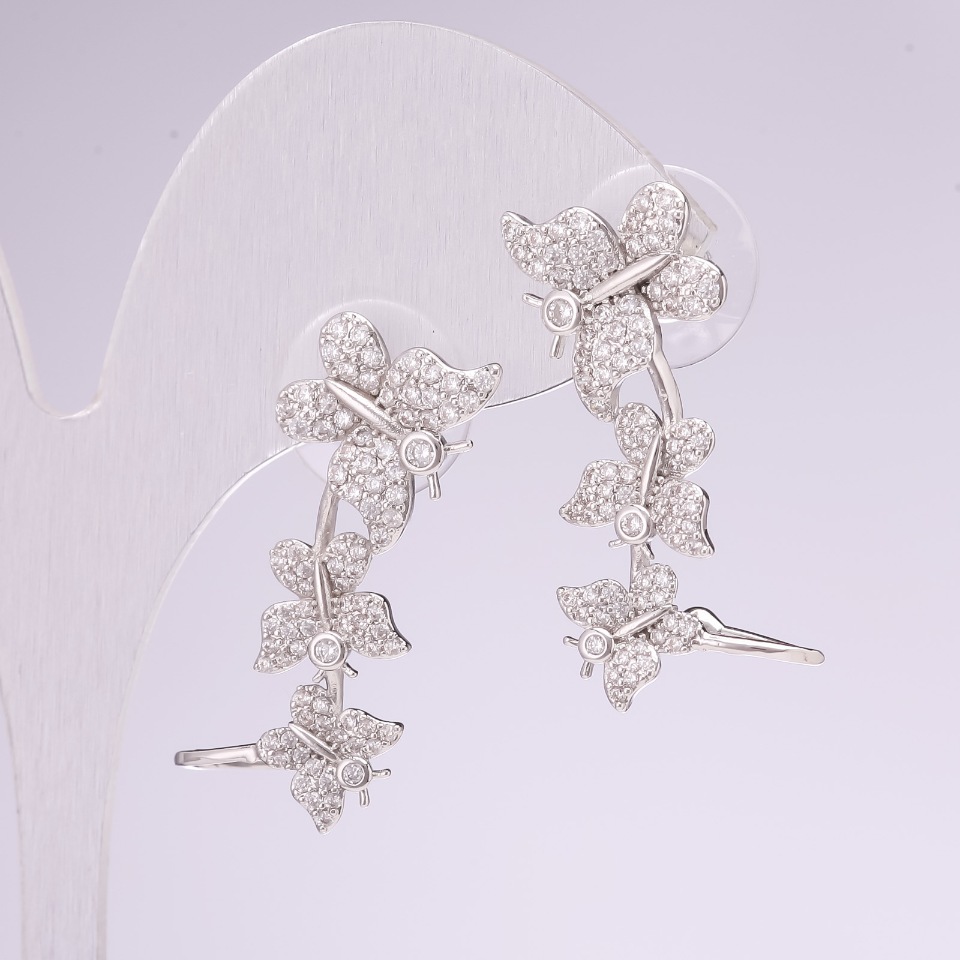 Cafe Earrings 'Butterflies' 925 Silver, Crystals, White Color, 29x12mm, Silver-Tone Metal