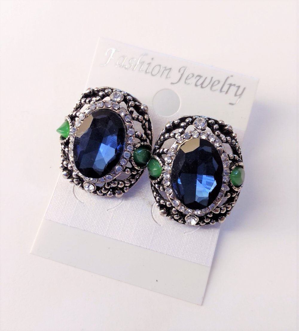 Evening stud earrings with stones and rhinestones, blue, green and white; 24x20 mm; silver-tone metal