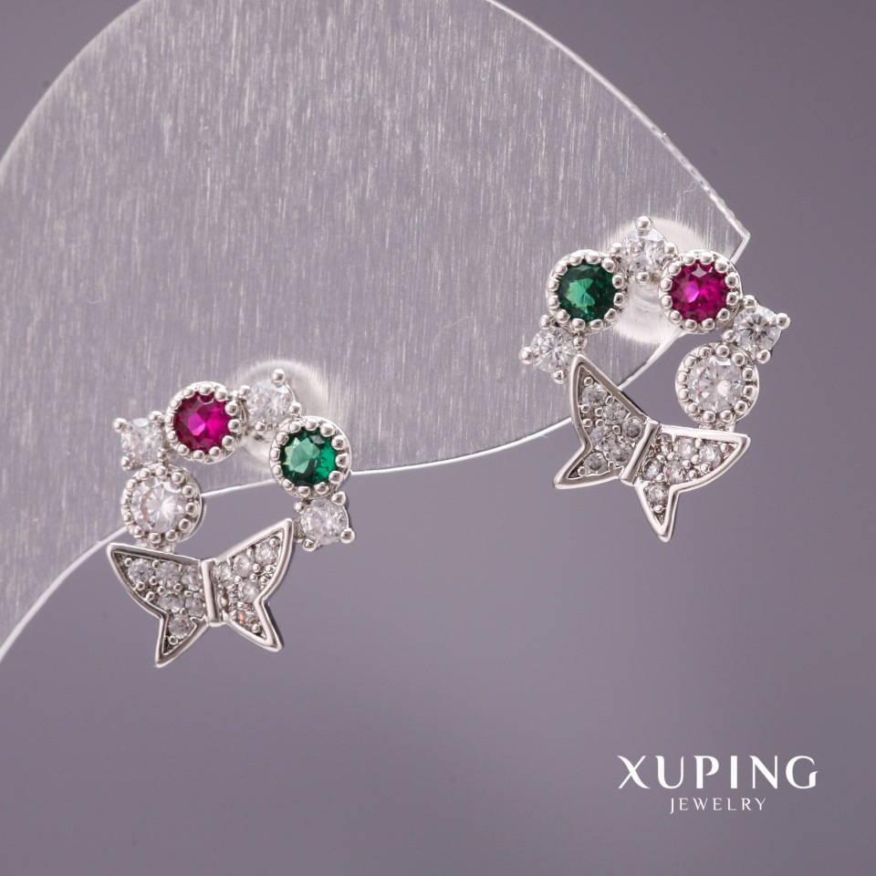 Xuping Butterfly Stud Earrings with Crystals, White, Green, and Raspberry, 13×12mm, Rhodium-plated