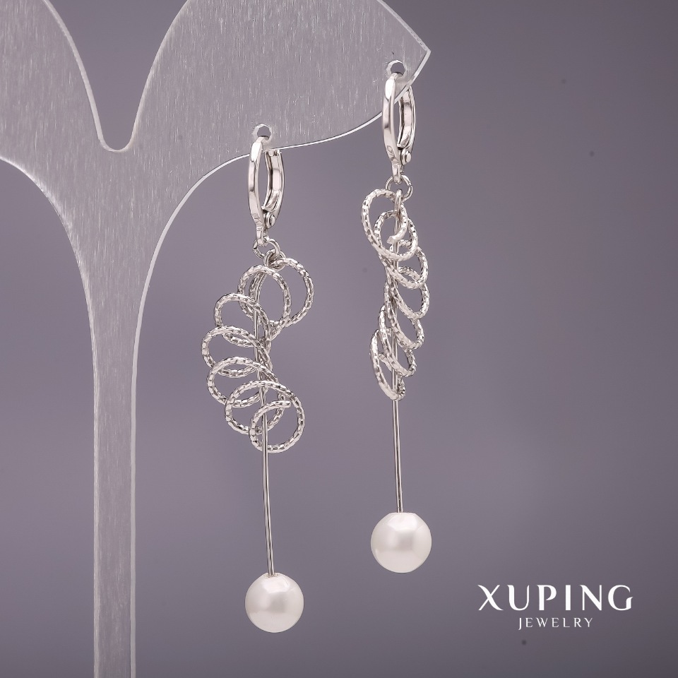 Xuping Long Earrings with Majorca Pearls, White, 58x7 mm, Rhodium-Plated