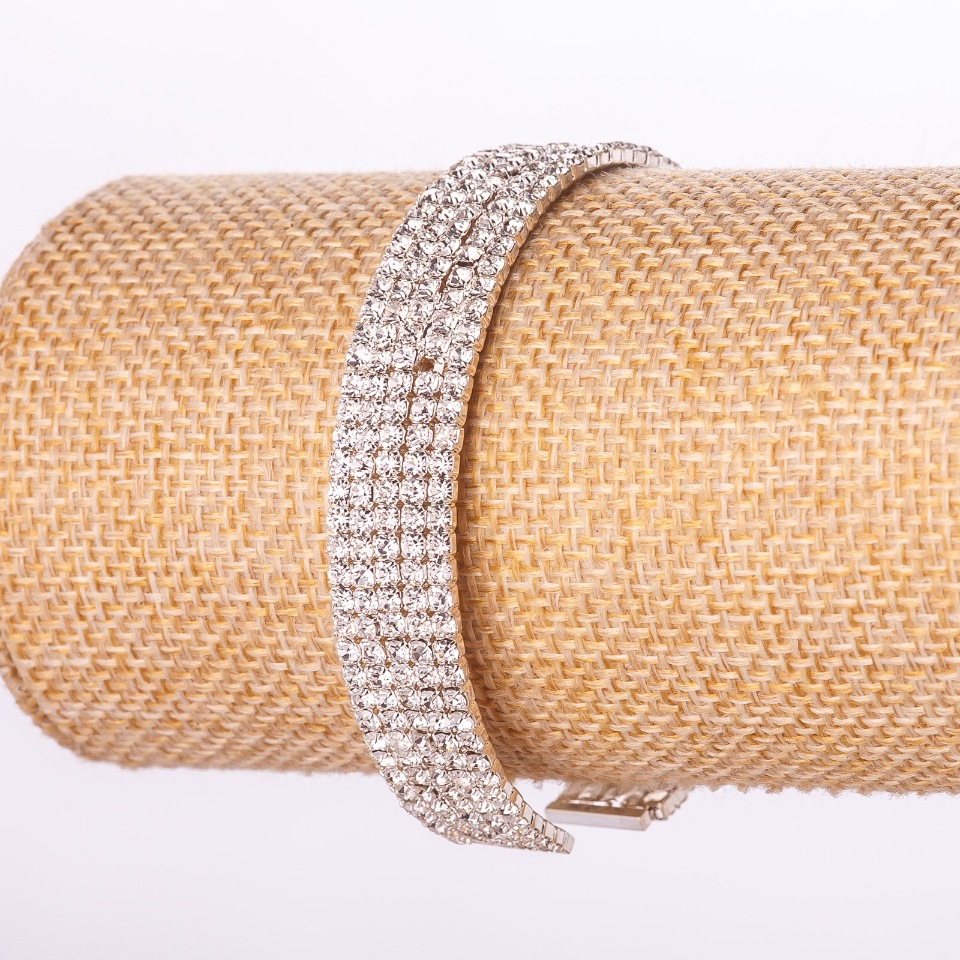 Five-Row Crystal Bracelet with Clasp, White Metal