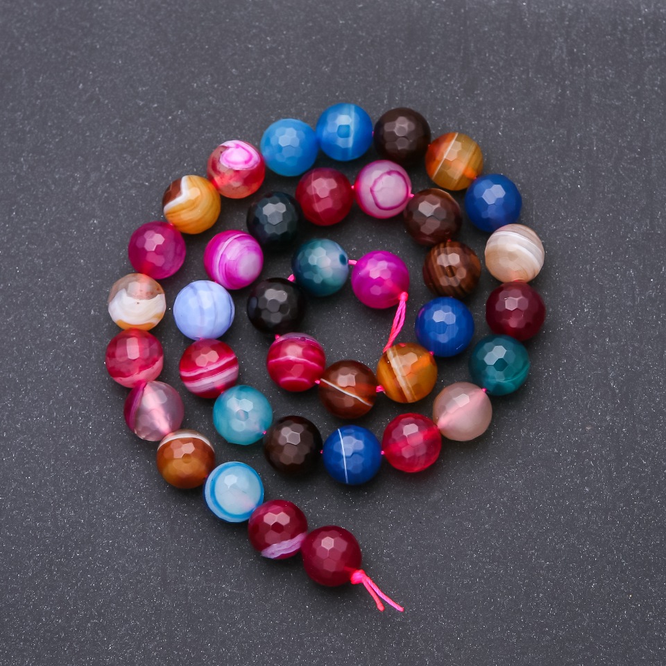 Multicolored agate beads on thread, faceted round beads, 10 mm diameter, 38 cm length