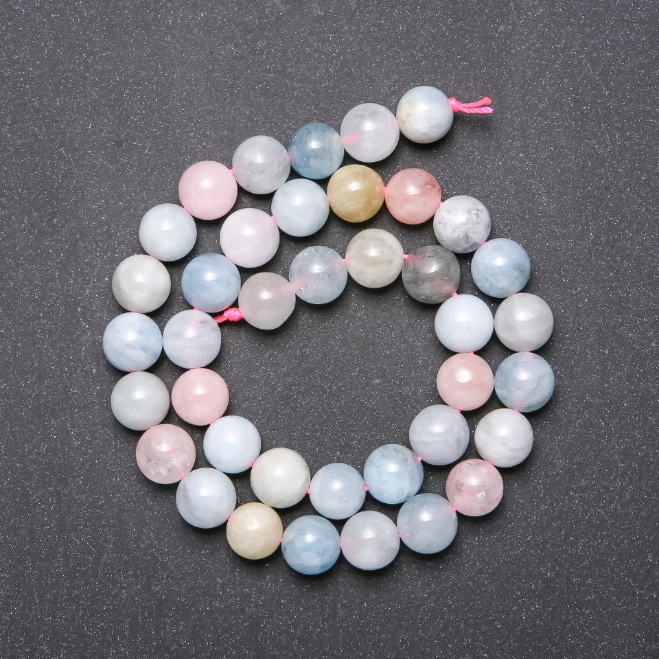 Morganite natural stone beads on thread, smooth round beads, diameter 10 mm, length 38 cm
