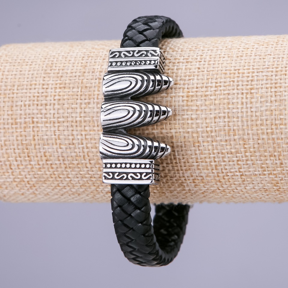 Beads Bracelet, 21 cm length, 15 mm thickness, black eco-leather