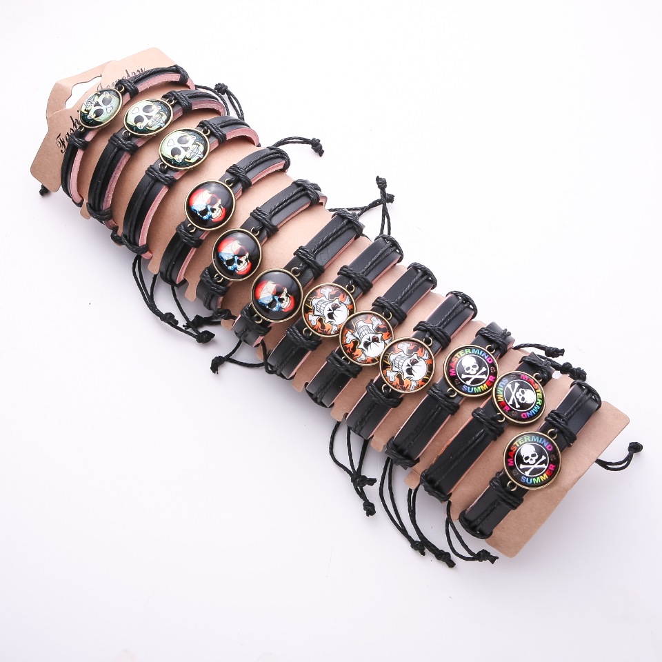 Eco-leather Skull Bracelets with Adjustable Closures, Pack of 12
