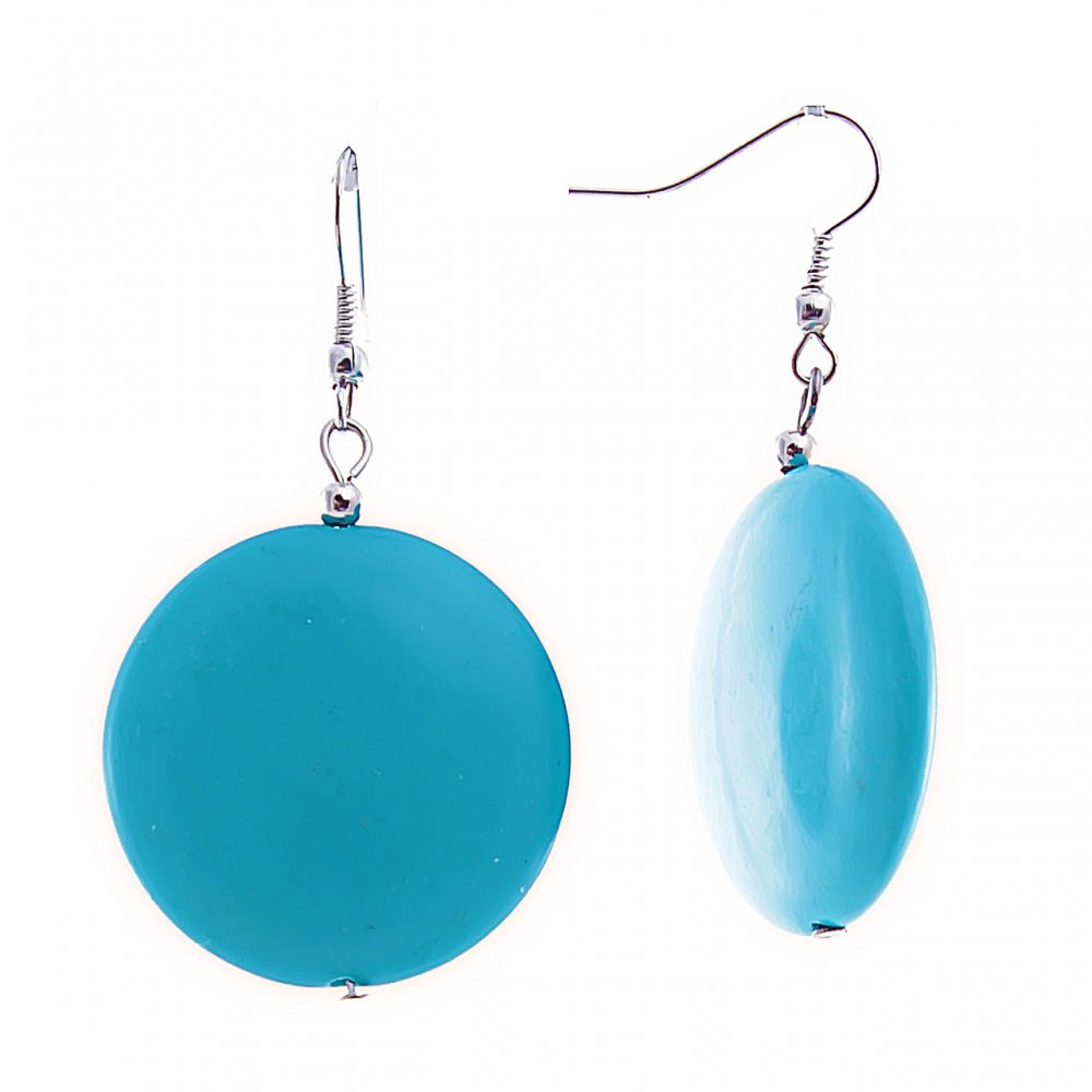 Drop earrings with round turquoise cabochons, 53×28 mm