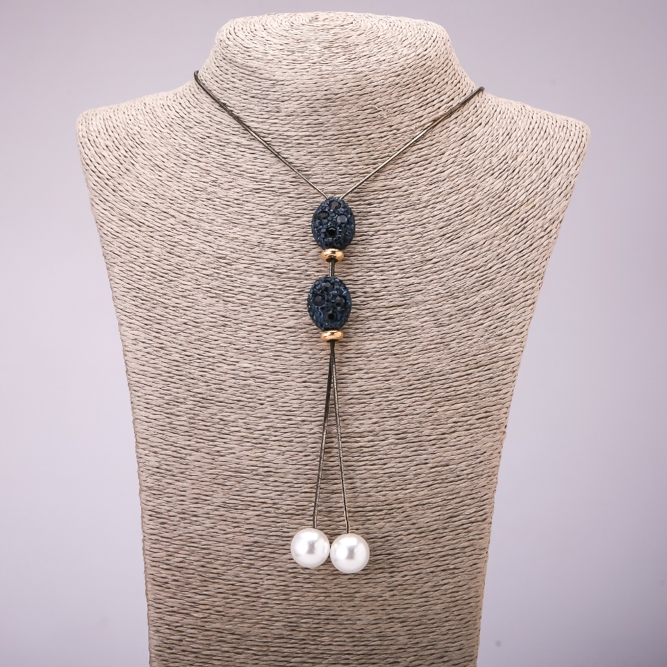 Tie-bar pendant with blue crystals on a long metal chain 'black gold', diameter 16x48 mm, length 70 cm